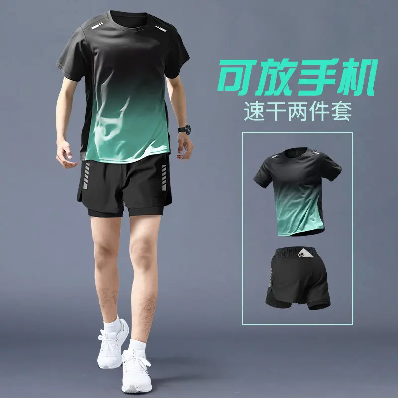 Running Gears - メンズプロランニングセット - 速乾性ジムトップス＆ボトムス、サマーショーツ＆スプリングタイツ、マラソンサイクリングトレーニングギア、新しいスポーツウェア