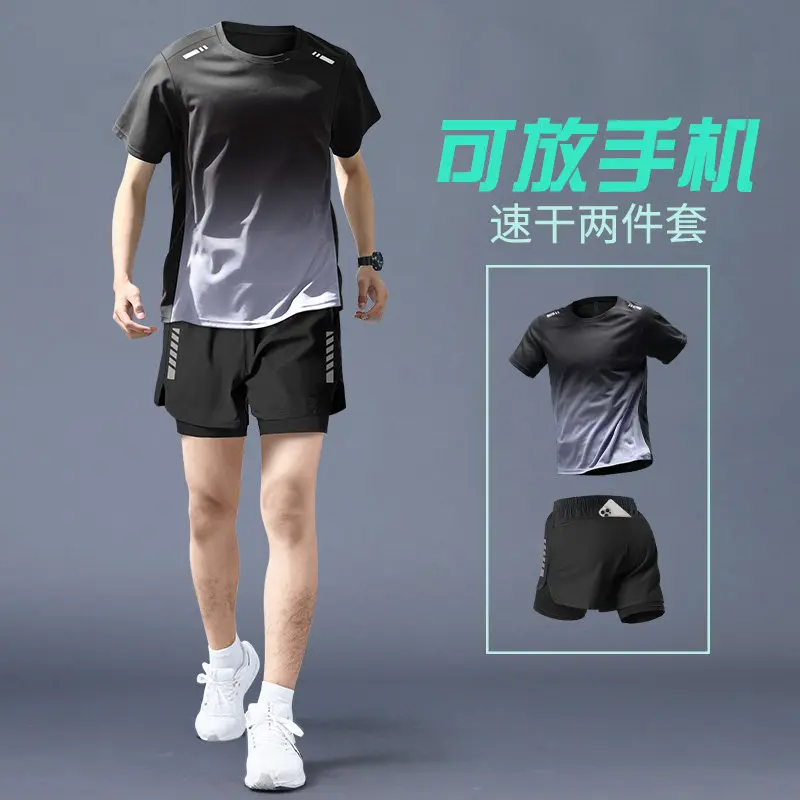 Running Gears - メンズサマーランニングセット - 速乾性半袖＆ショートパンツ、プロ仕様ジム＆マラソントレーニングウェア