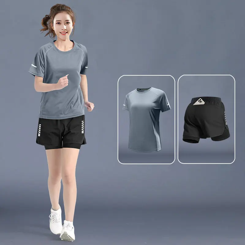 Running Gear Quick Dry - レディースサマーランニングセット - アイスシルク速乾Tシャツ＆プラスサイズショーツ、マラソントレーニング用アスレチックジムウェア