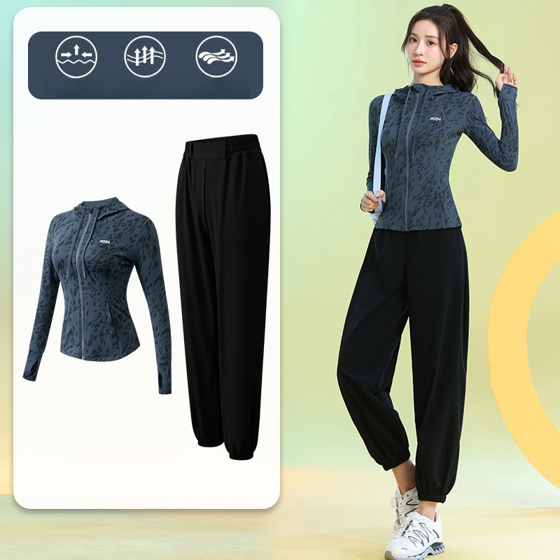 Running Gears - 女性用ランニングスーツ長袖花柄ジップパーカージョガーパンツ速乾性2ピースワークアウトジムフィットネススポーツトレーニングギア